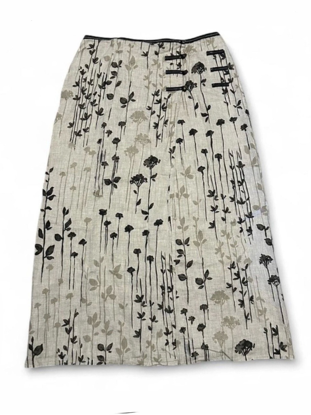 J.Jill Floral Linen A-Line Midi Wrap Skirt in Beige and Black